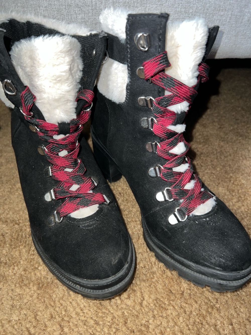 Black Suede Winter Lace-Up Ankle Boots with Faux Fur Trim